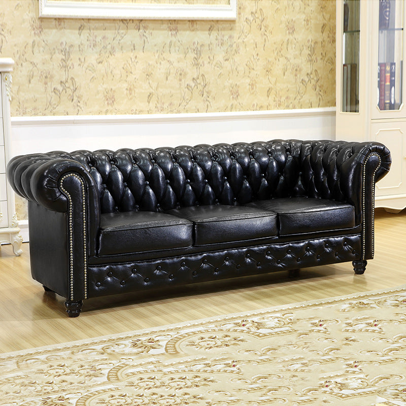 Traditional Vintage Rectangular Faux Oil-Waxed Leather Solid Wood Sofa Backrest Armrest For Living Room