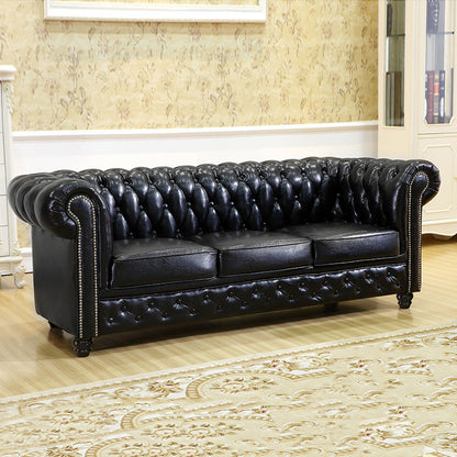 Traditional Vintage Rectangular Faux Oil-Waxed Leather Solid Wood Sofa Backrest Armrest For Living Room