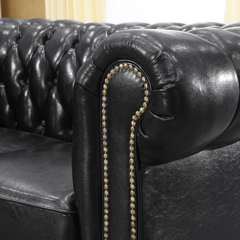 Traditional Vintage Rectangular Faux Oil-Waxed Leather Solid Wood Sofa Backrest Armrest For Living Room