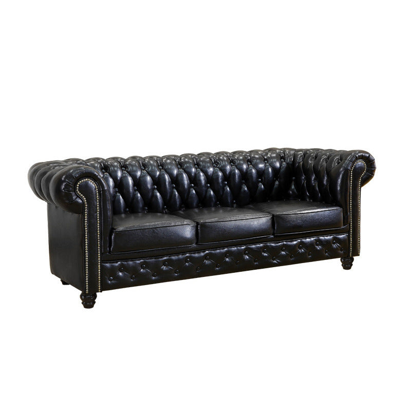 Traditional Vintage Rectangular Faux Oil-Waxed Leather Solid Wood Sofa Backrest Armrest For Living Room