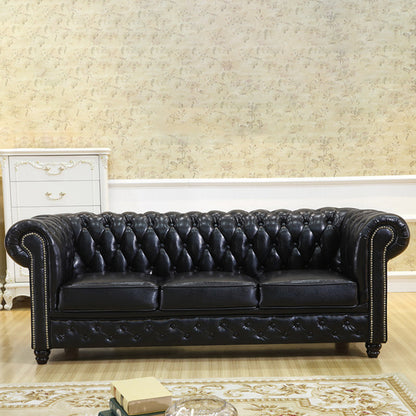 Traditional Vintage Rectangular Faux Oil-Waxed Leather Solid Wood Sofa Backrest Armrest For Living Room