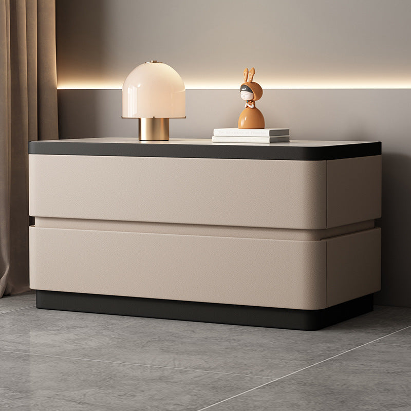 Modern Minimalist Rectangular Stone Slab Solid Wood Cat's Paw Leather Nightstand 2- Drawer For Bedroom