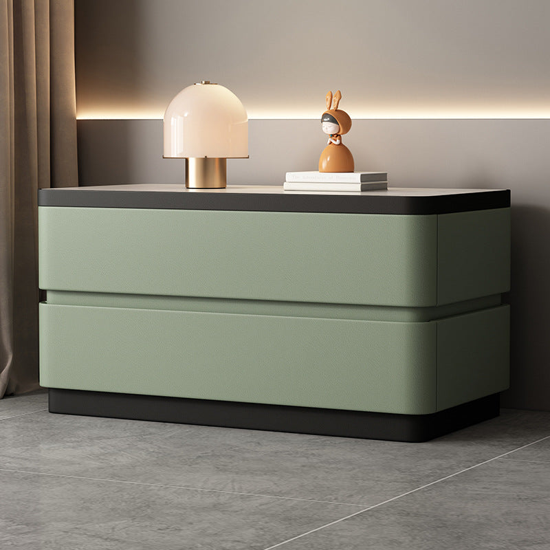 Modern Minimalist Rectangular Stone Slab Solid Wood Cat's Paw Leather Nightstand 2- Drawer For Bedroom