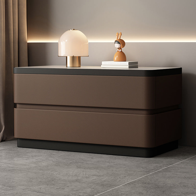 Modern Minimalist Rectangular Stone Slab Solid Wood Cat's Paw Leather Nightstand 2- Drawer For Bedroom