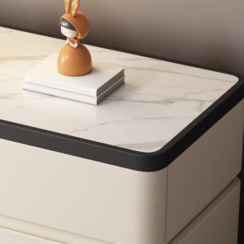 Modern Minimalist Rectangular Stone Slab Solid Wood Cat's Paw Leather Nightstand 2- Drawer For Bedroom
