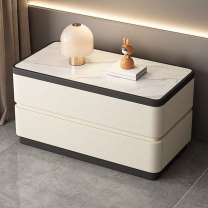Modern Minimalist Rectangular Stone Slab Solid Wood Cat's Paw Leather Nightstand 2- Drawer For Bedroom