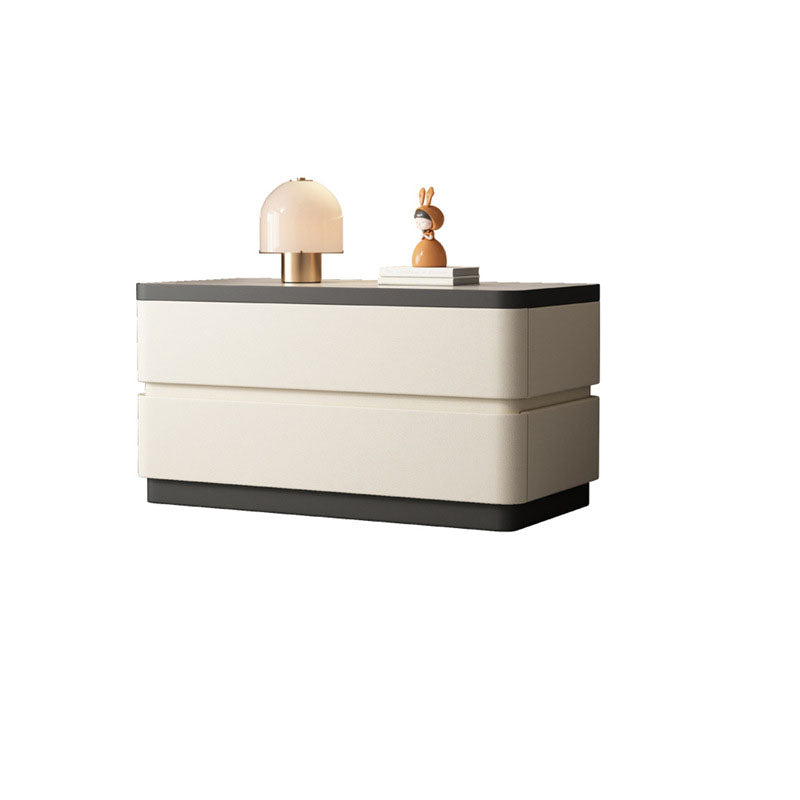Modern Minimalist Rectangular Stone Slab Solid Wood Cat's Paw Leather Nightstand 2- Drawer For Bedroom