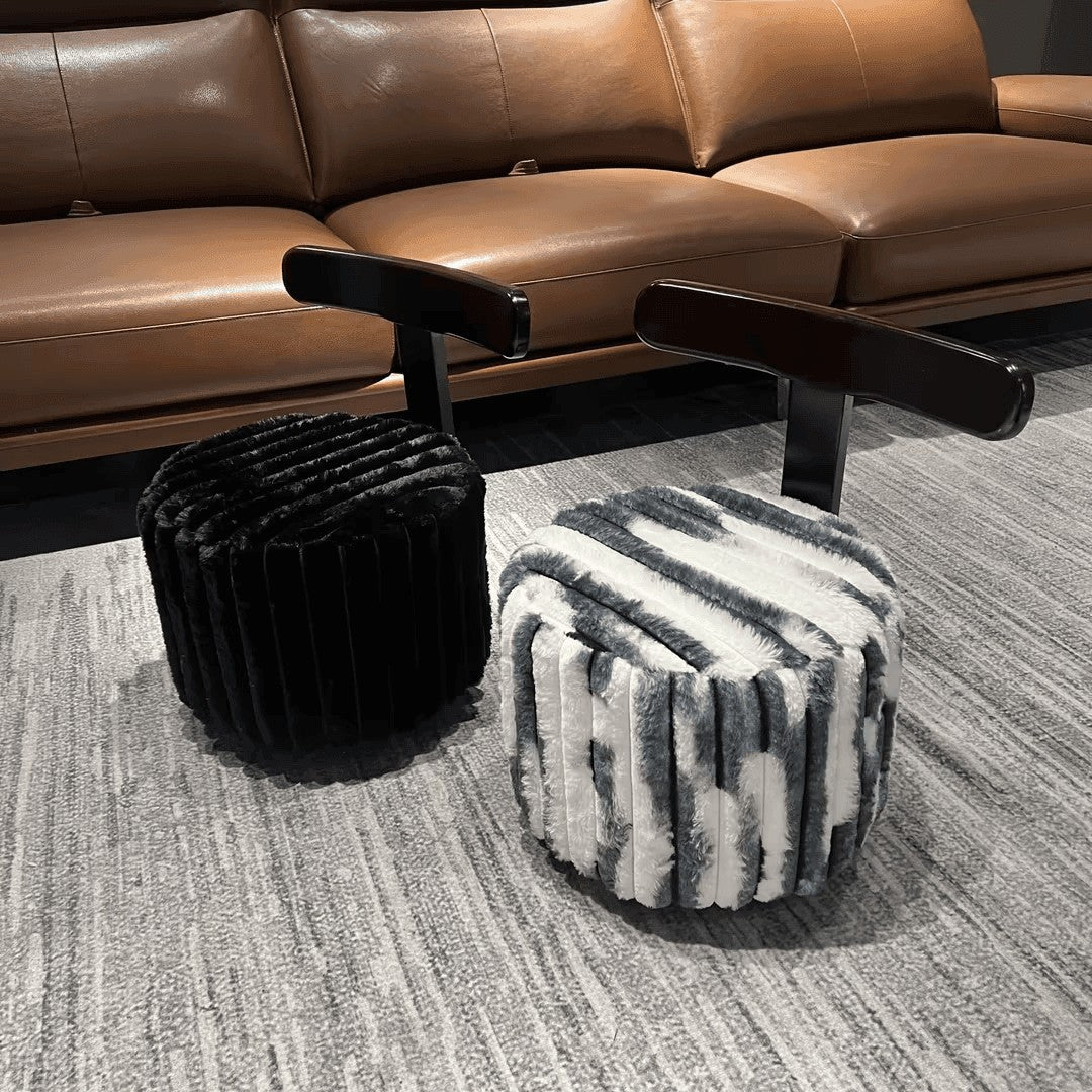 Contemporary Luxury Round Faux Velvet Rubberwood Plywood Movable Low Stool For Living Room