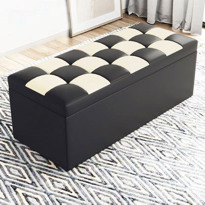 Modern Minimalist Rectangular PU Leather Faux Wood Panel Storage Bench For Living Room