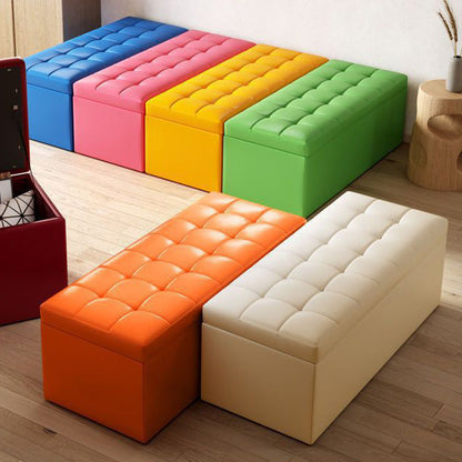 Modern Minimalist Rectangular PU Leather Faux Wood Panel Storage Bench For Living Room