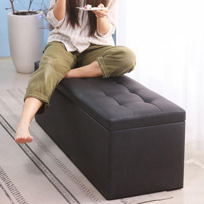 Modern Minimalist Rectangular PU Leather Faux Wood Panel Storage Bench For Living Room