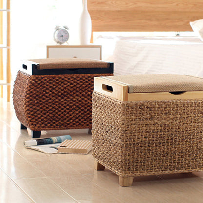 Traditional Chinese Square Pine Wood Plywood Narcissus Vine Storage Low Stool 1-Cabinet For Bedroom