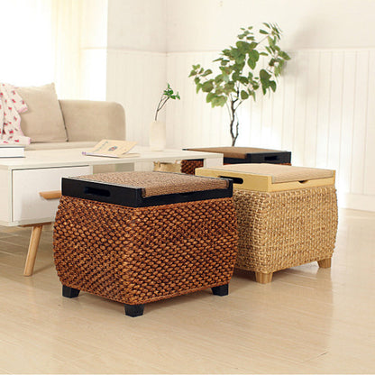 Traditional Chinese Square Pine Wood Plywood Narcissus Vine Storage Low Stool 1-Cabinet For Bedroom