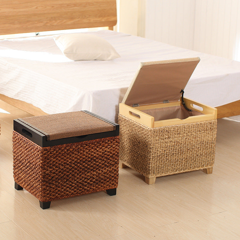Traditional Chinese Square Pine Wood Plywood Narcissus Vine Storage Low Stool 1-Cabinet For Bedroom