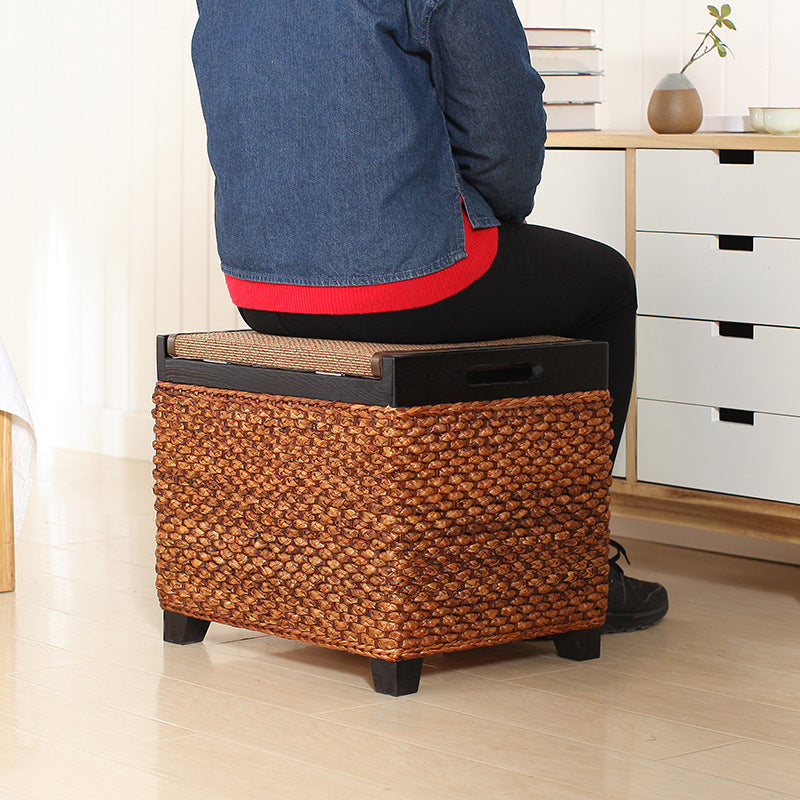 Traditional Chinese Square Pine Wood Plywood Narcissus Vine Storage Low Stool 1-Cabinet For Bedroom