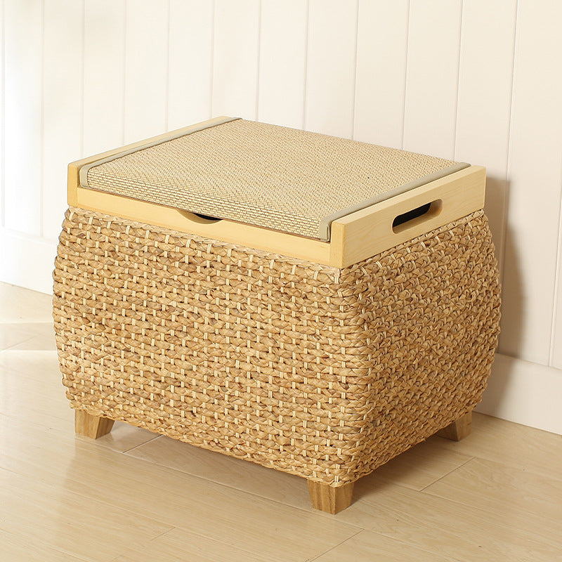 Traditional Chinese Square Pine Wood Plywood Narcissus Vine Storage Low Stool 1-Cabinet For Bedroom