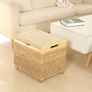Traditional Chinese Square Pine Wood Plywood Narcissus Vine Storage Low Stool 1-Cabinet For Bedroom