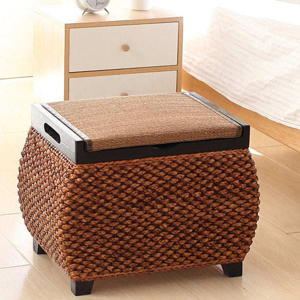 Traditional Chinese Square Pine Wood Plywood Narcissus Vine Storage Low Stool 1-Cabinet For Bedroom