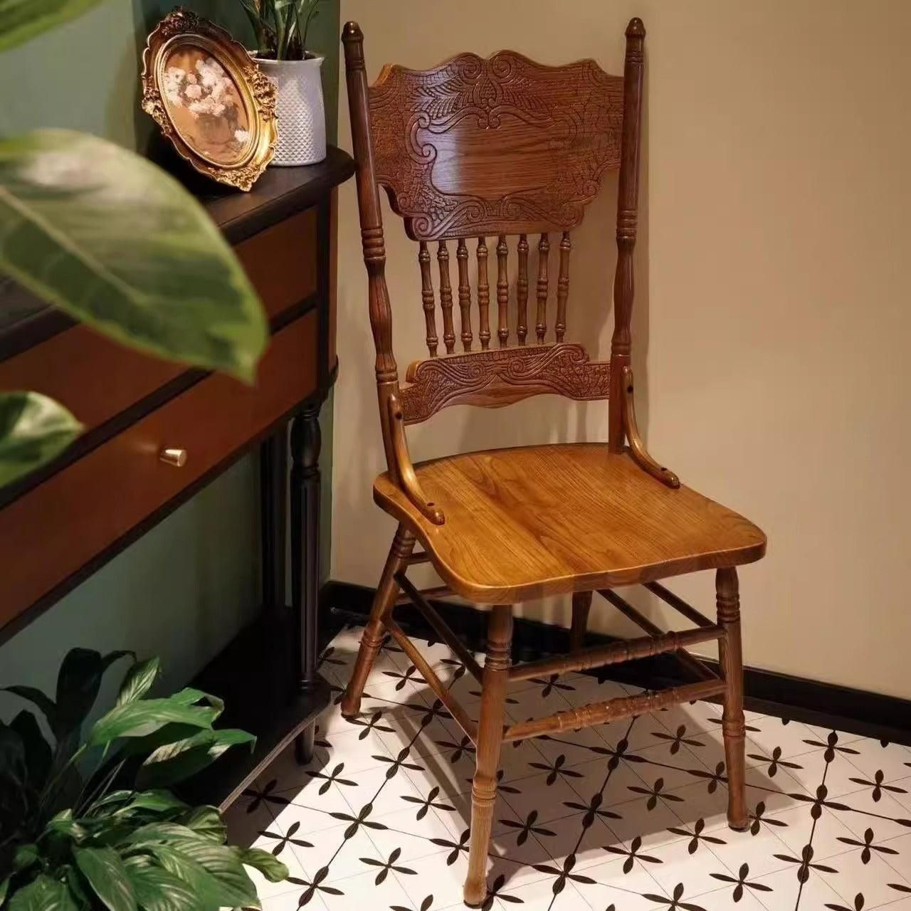 Traditional Farmhouse Rectangular Rubberwood Backrest Dining Chair For Dining Room
