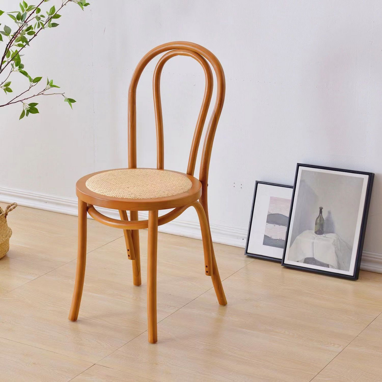 Contemporary Scandinavian Round Rubberwood Plywood Indonesian Rattan Backrest Dining Chair For Dining Room