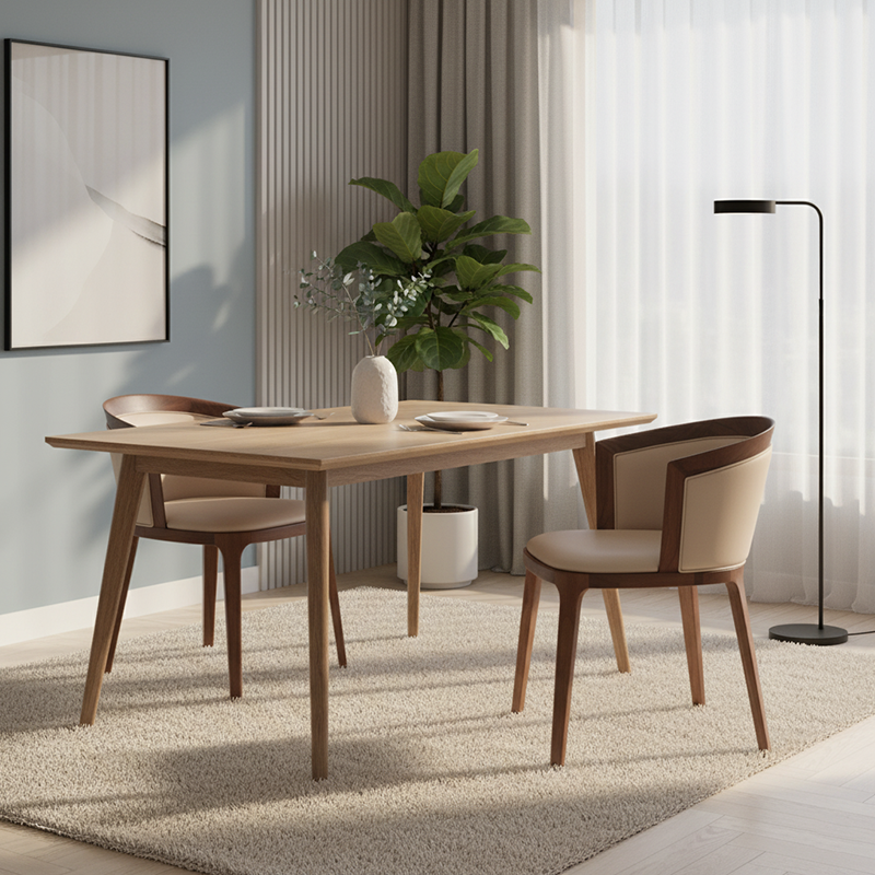 Traditional Vintage Round Oak Wood PU Leather Backrest Dining Chair For Dining Room