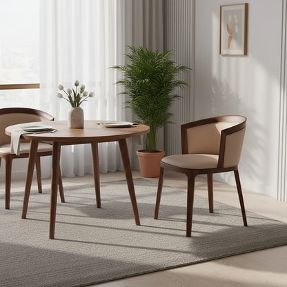 Traditional Vintage Round Oak Wood PU Leather Backrest Dining Chair For Dining Room