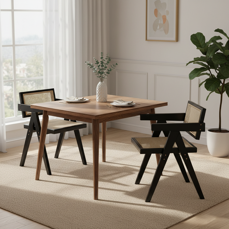 Traditional Vintage Square Teak Wood Plywood Rattan PU Leather Backrest Armrest Dining Chair For Dining Room