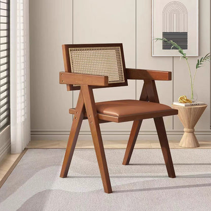 Traditional Vintage Square Teak Wood Plywood Rattan PU Leather Backrest Armrest Dining Chair For Dining Room