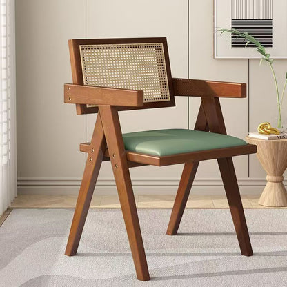 Traditional Vintage Square Teak Wood Plywood Rattan PU Leather Backrest Armrest Dining Chair For Dining Room