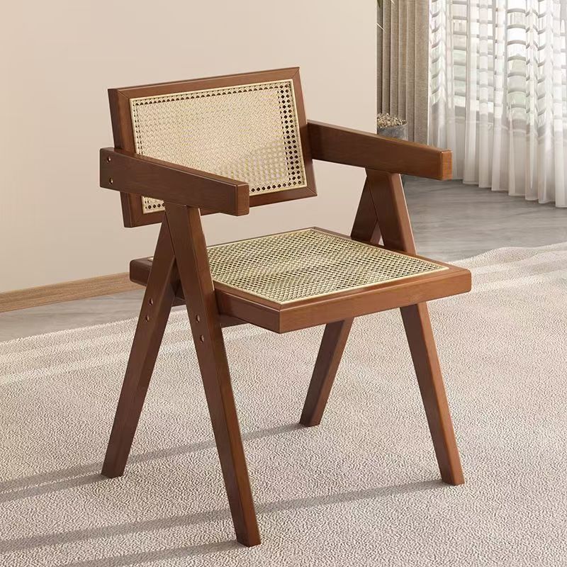 Traditional Vintage Square Teak Wood Plywood Rattan PU Leather Backrest Armrest Dining Chair For Dining Room