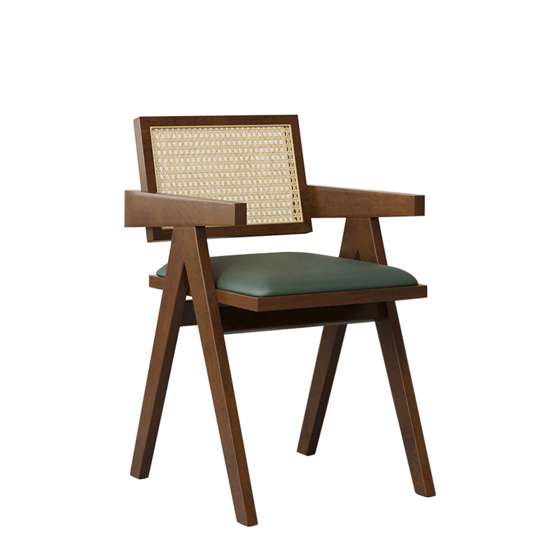 Traditional Vintage Square Teak Wood Plywood Rattan PU Leather Backrest Armrest Dining Chair For Dining Room