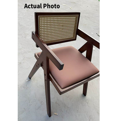 Traditional Vintage Square Teak Wood Plywood Rattan PU Leather Backrest Armrest Dining Chair For Dining Room