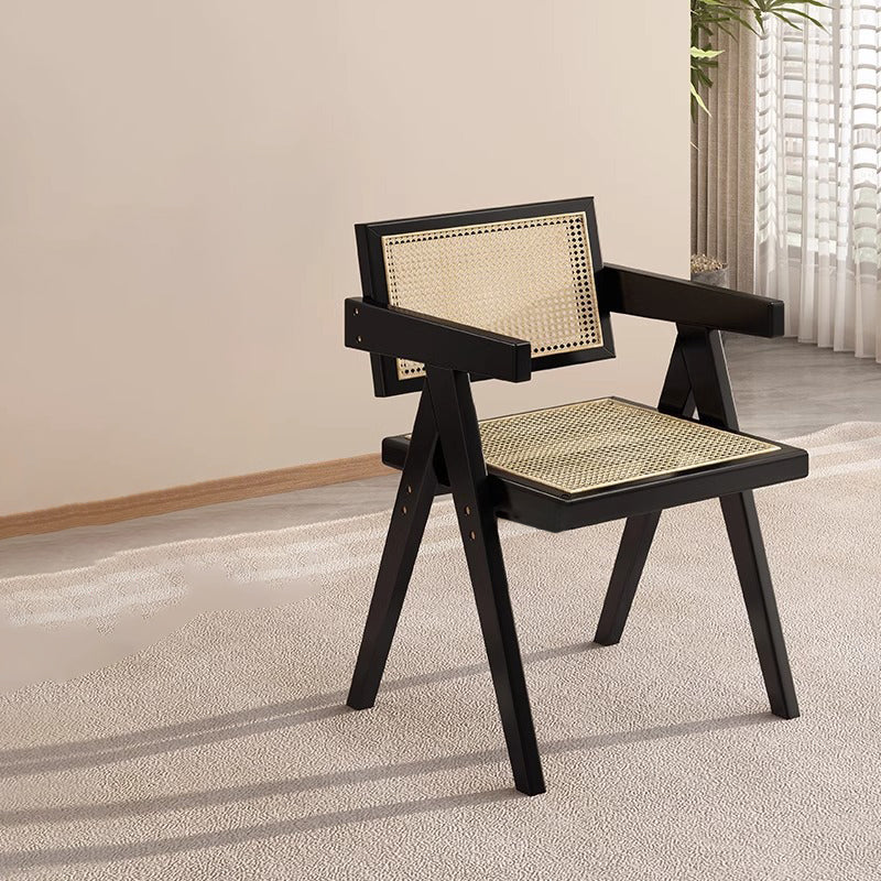 Traditional Vintage Square Teak Wood Plywood Rattan PU Leather Backrest Armrest Dining Chair For Dining Room