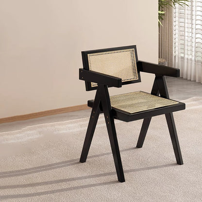 Traditional Vintage Square Teak Wood Plywood Rattan PU Leather Backrest Armrest Dining Chair For Dining Room