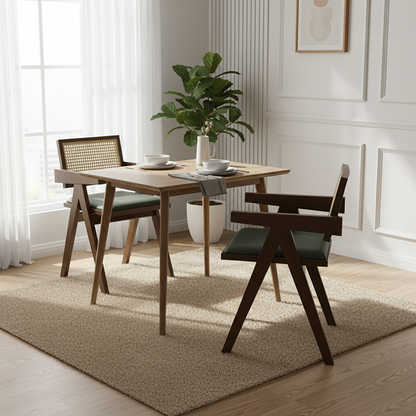 Traditional Vintage Square Teak Wood Plywood Rattan PU Leather Backrest Armrest Dining Chair For Dining Room