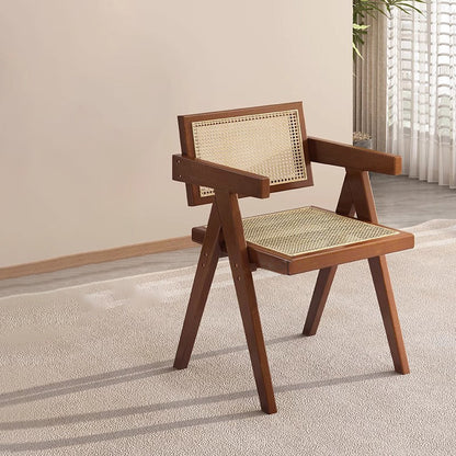 Traditional Vintage Square Teak Wood Plywood Rattan PU Leather Backrest Armrest Dining Chair For Dining Room