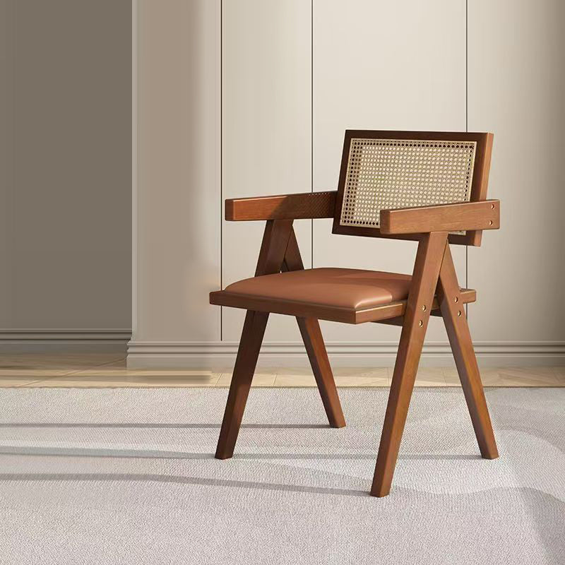 Traditional Vintage Square Teak Wood Plywood Rattan PU Leather Backrest Armrest Dining Chair For Dining Room