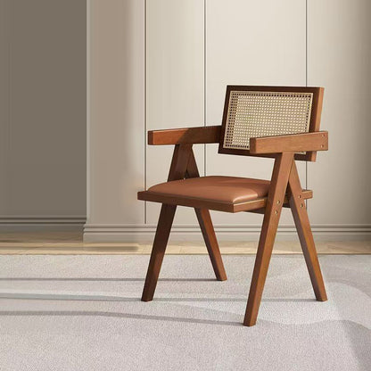 Traditional Vintage Square Teak Wood Plywood Rattan PU Leather Backrest Armrest Dining Chair For Dining Room
