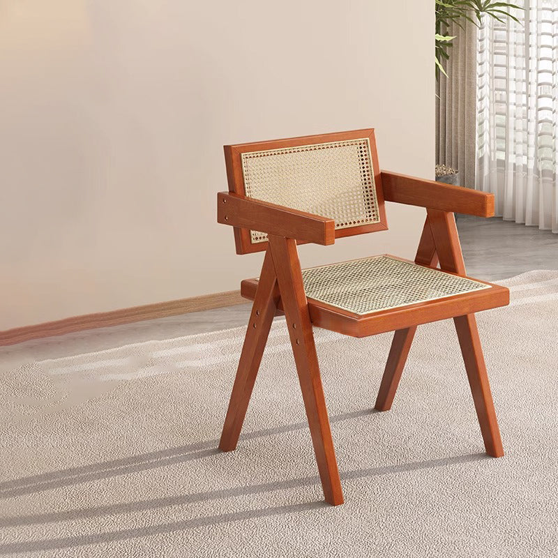 Traditional Vintage Square Teak Wood Plywood Rattan PU Leather Backrest Armrest Dining Chair For Dining Room