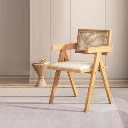 Traditional Vintage Square Teak Wood Plywood Rattan PU Leather Backrest Armrest Dining Chair For Dining Room