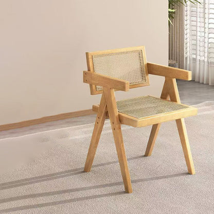 Traditional Vintage Square Teak Wood Plywood Rattan PU Leather Backrest Armrest Dining Chair For Dining Room