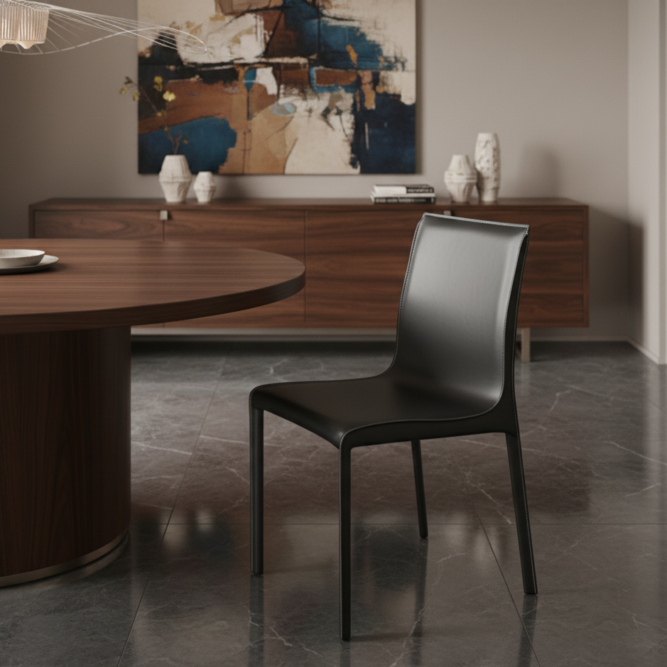 Modern Minimalist Square Saddle Leather Plywood Carbon Steel Backrest Dining Chair For Dining Room