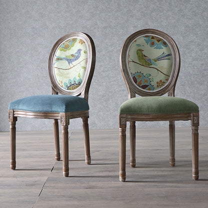 Traditional European Curved Distressed Wooden Frame Velvet Fabric Dining Chair Round Back For Dining Room