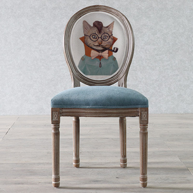 Traditional European Curved Distressed Wooden Frame Velvet Fabric Dining Chair Round Back For Dining Room