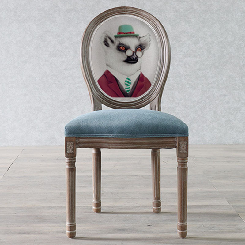 Traditional European Curved Distressed Wooden Frame Velvet Fabric Dining Chair Round Back For Dining Room