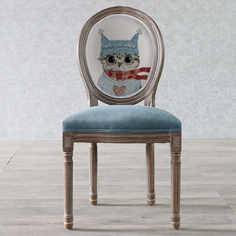 Traditional European Curved Distressed Wooden Frame Velvet Fabric Dining Chair Round Back For Dining Room