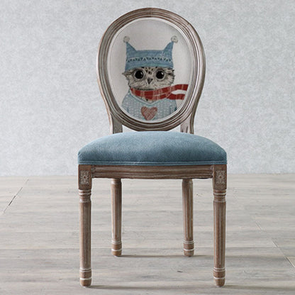 Traditional European Curved Distressed Wooden Frame Velvet Fabric Dining Chair Round Back For Dining Room