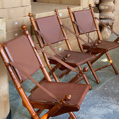 Traditional Vintage Saddle Leather Wooden Square Foldable Armchair Backrest For Living Room