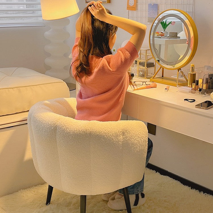 Modern Minimalist Curved Seat Cushion Sherpa Fabric Sponge Metal Vanity Stool Backrest Armrest For Bedroom