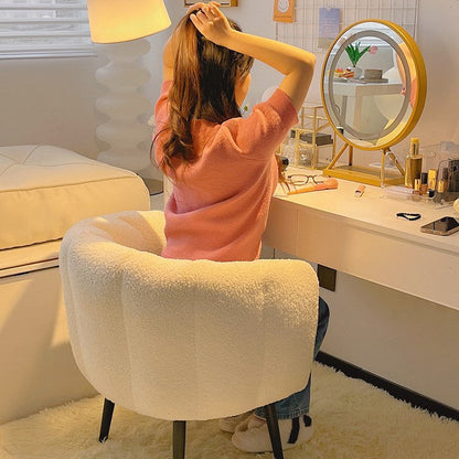 Modern Minimalist Curved Seat Cushion Sherpa Fabric Sponge Metal Vanity Stool Backrest Armrest For Bedroom
